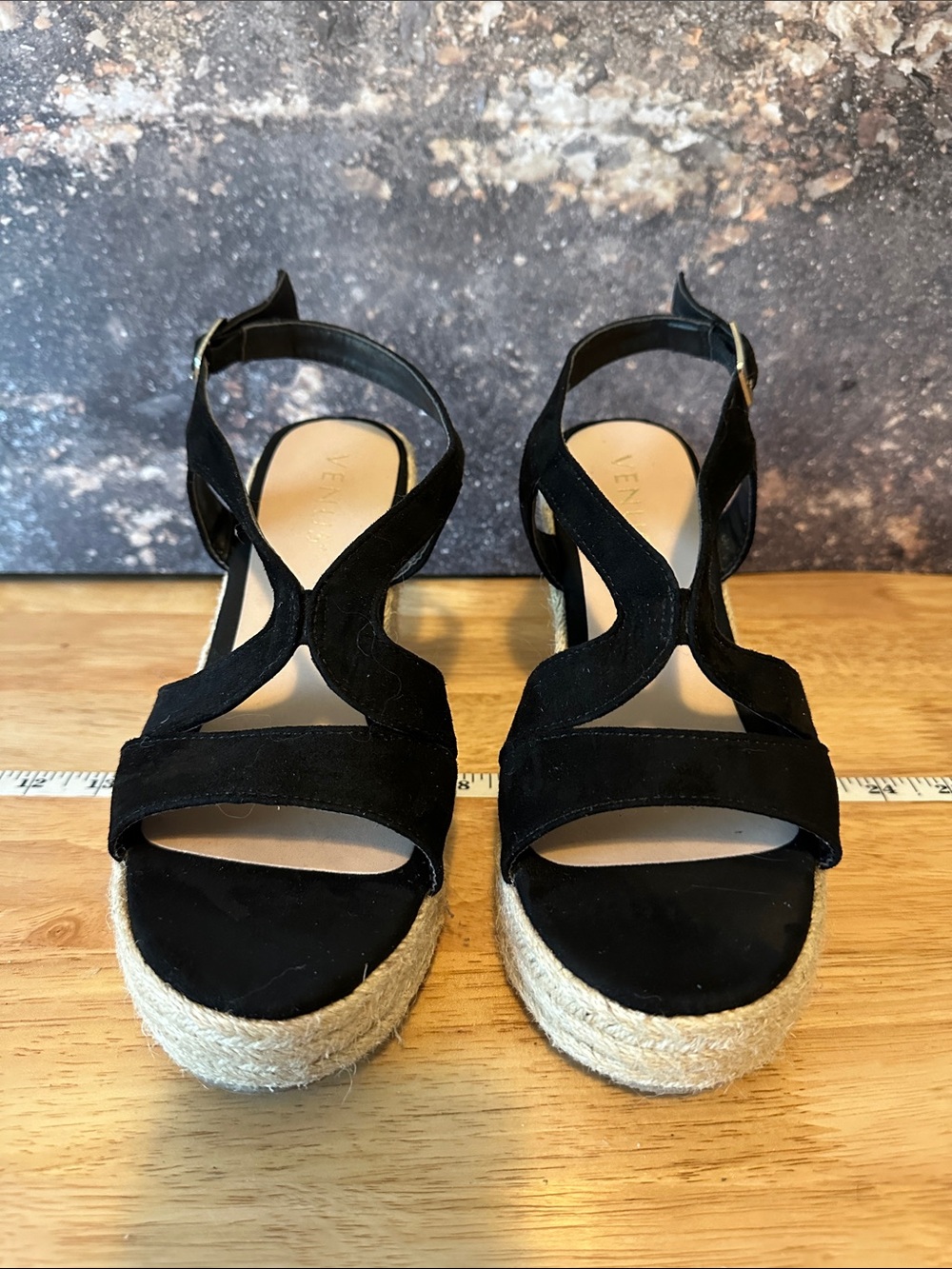 VENUS Black Suede Espadrille Wedge Sandals with Ankle Strap